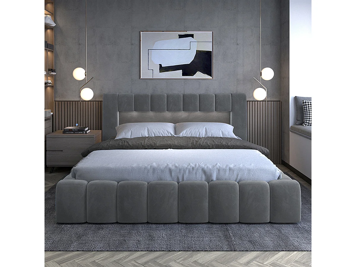 Storage chest bed 160x200 box spring included Auria velvet fabric Grey