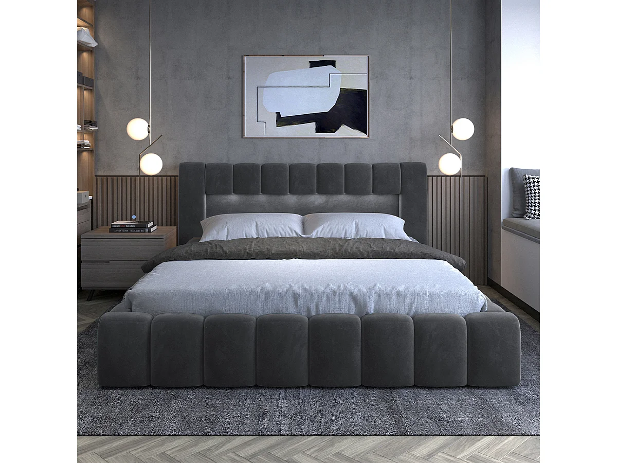 Lit coffre 160x200 sommier inclus Auria Velours Gris foncé