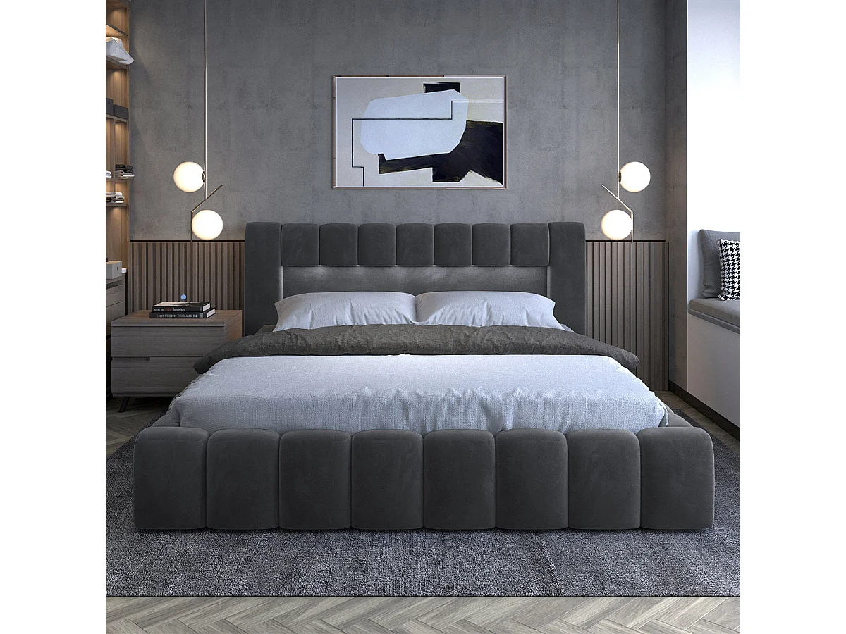 Storage chest bed 160x200 box spring included Auria velvet fabric Dark grey