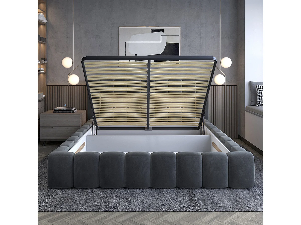 Storage chest bed 160x200 box spring included Auria velvet fabric Dark grey