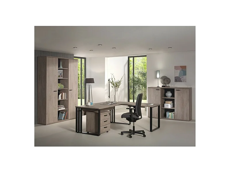 Set aus 5 Büromöbeln in roher Eichenoptik, Kollektion YUKON. Metallfüße.