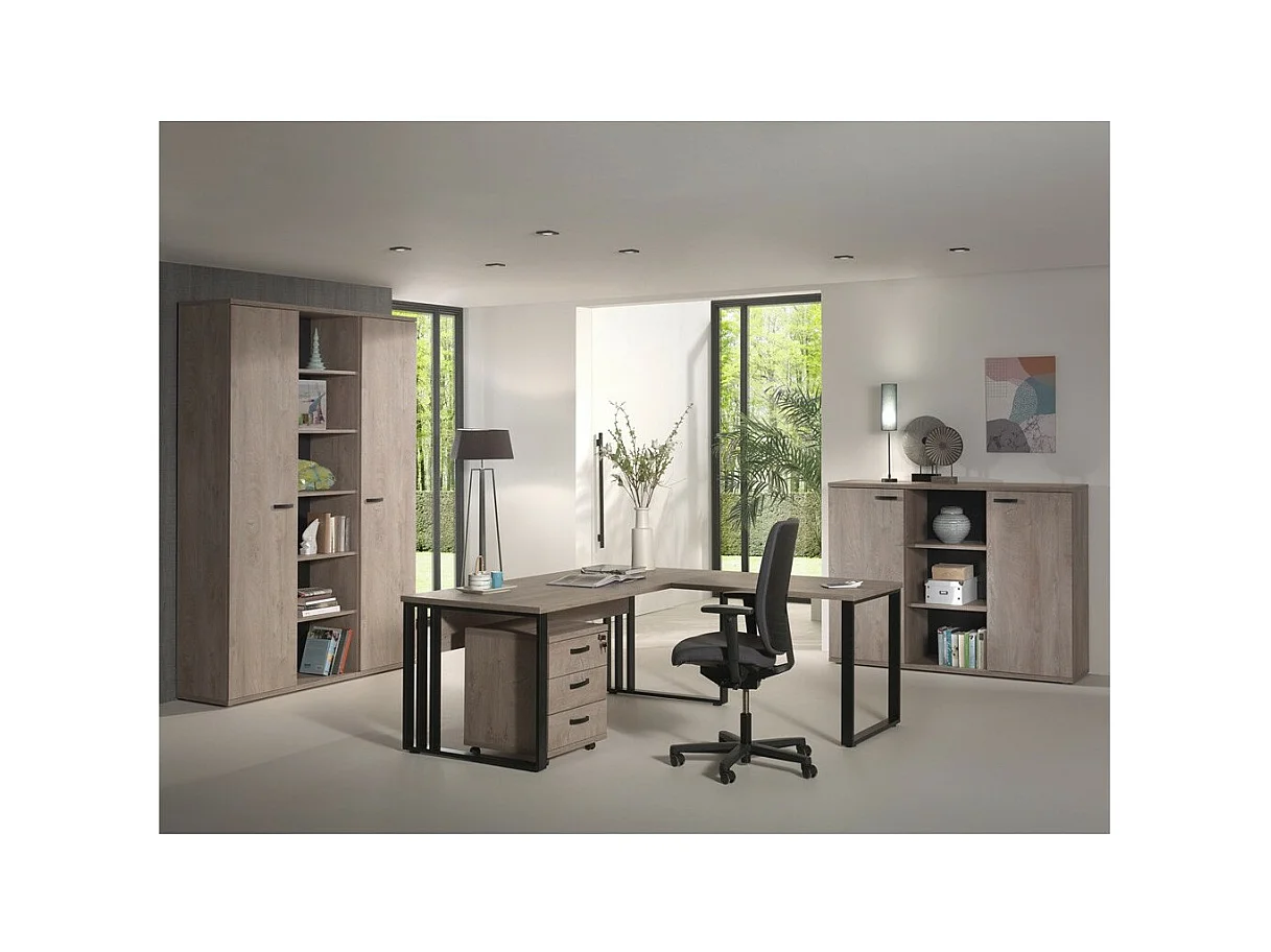 Ensemble de 5 meubles de bureau professionnel coloris chêne brut collection YUKON. Pieds métalliques