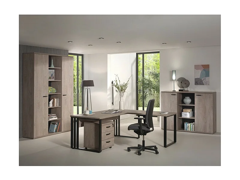 Ensemble de 5 meubles de bureau professionnel coloris chêne brut collection YUKON. Pieds métalliques