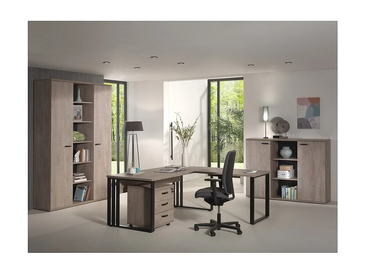 Professioneel bureau 180 cm in ruwe eiken en zwarte kleur, collectie YUKON