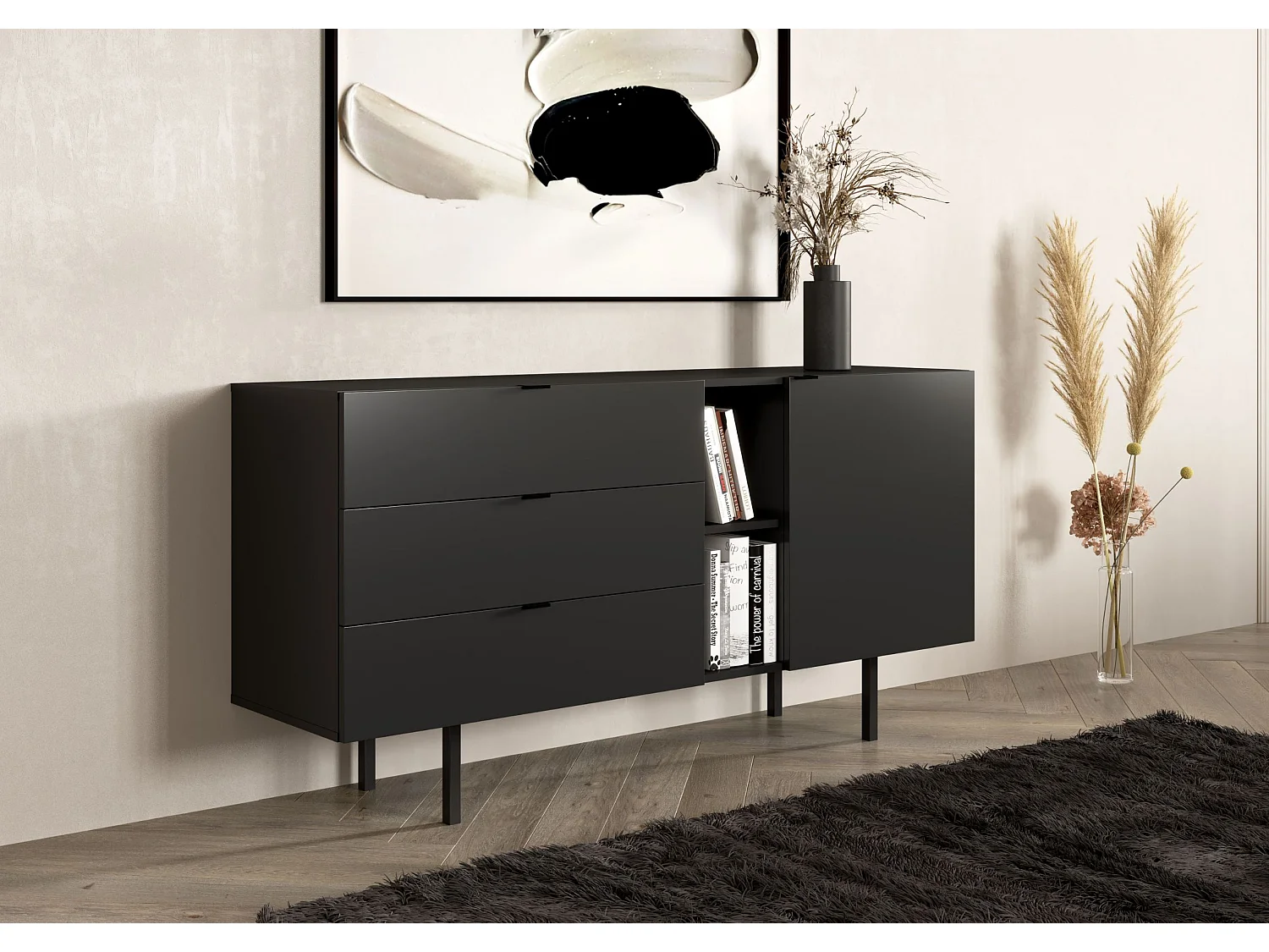 Sideboard Myway, schwarz, 3 schubladen, minimalistisch, 160 cm