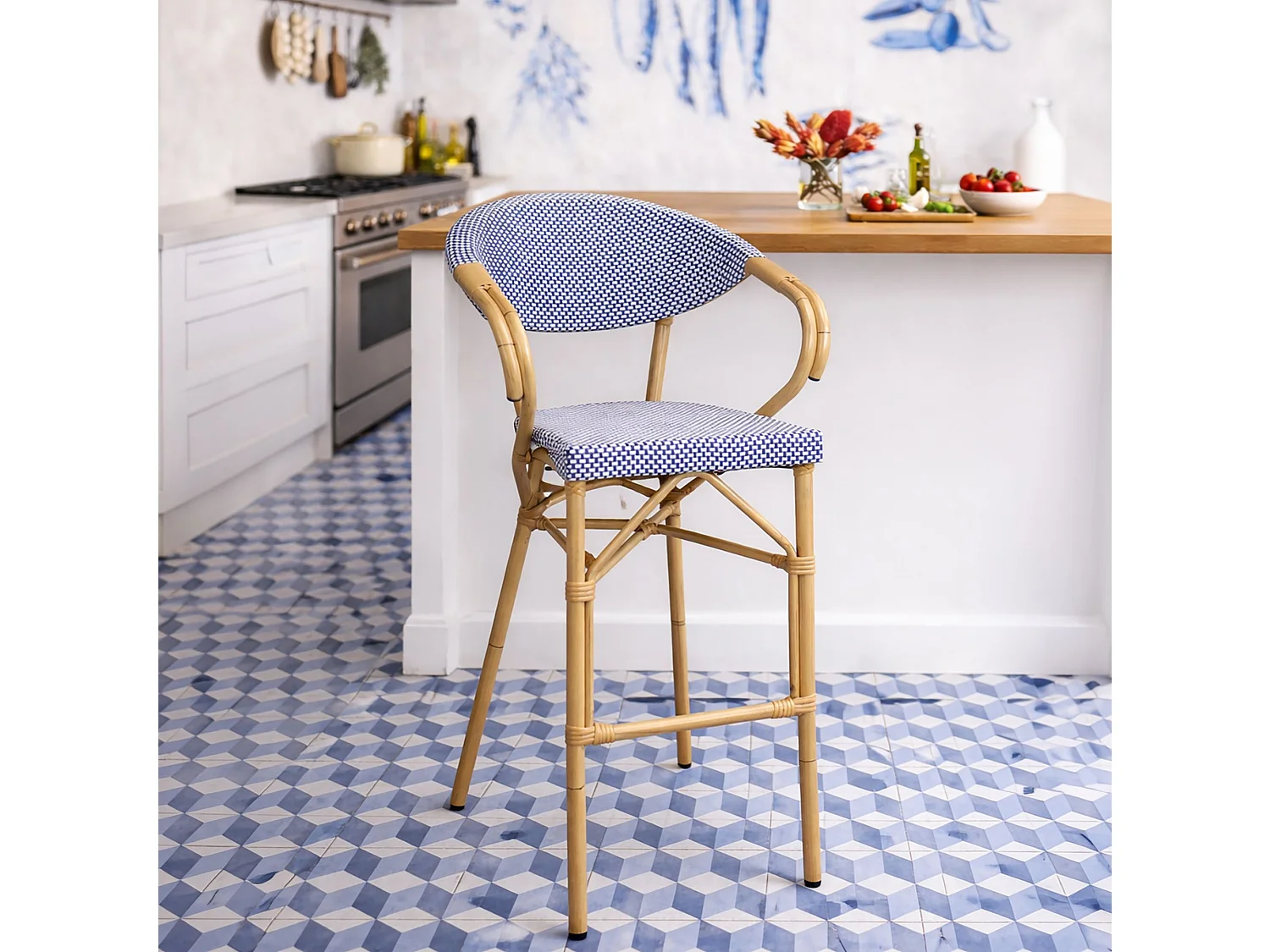 Now's Home - Lot De 2 Fauteuils De Bar En Textilène Bleu Aspect Rotin Amalfi