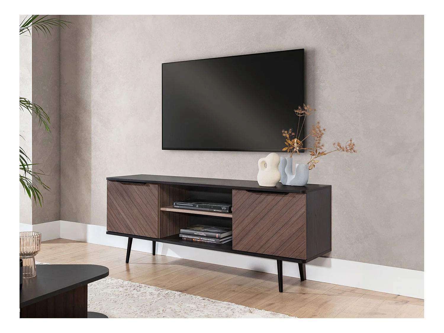 Meuble TV Livetre 101, Bois sombre|Graphite, 150x60x41cm