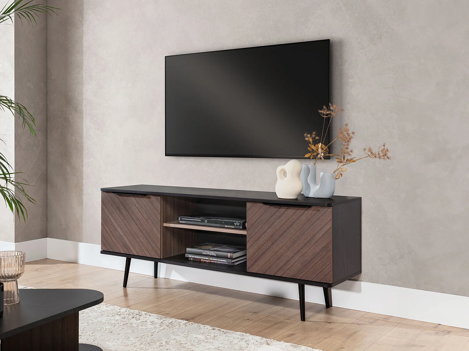 Meuble TV Livetre 101, Bois sombre|Graphite, 150x60x41cm