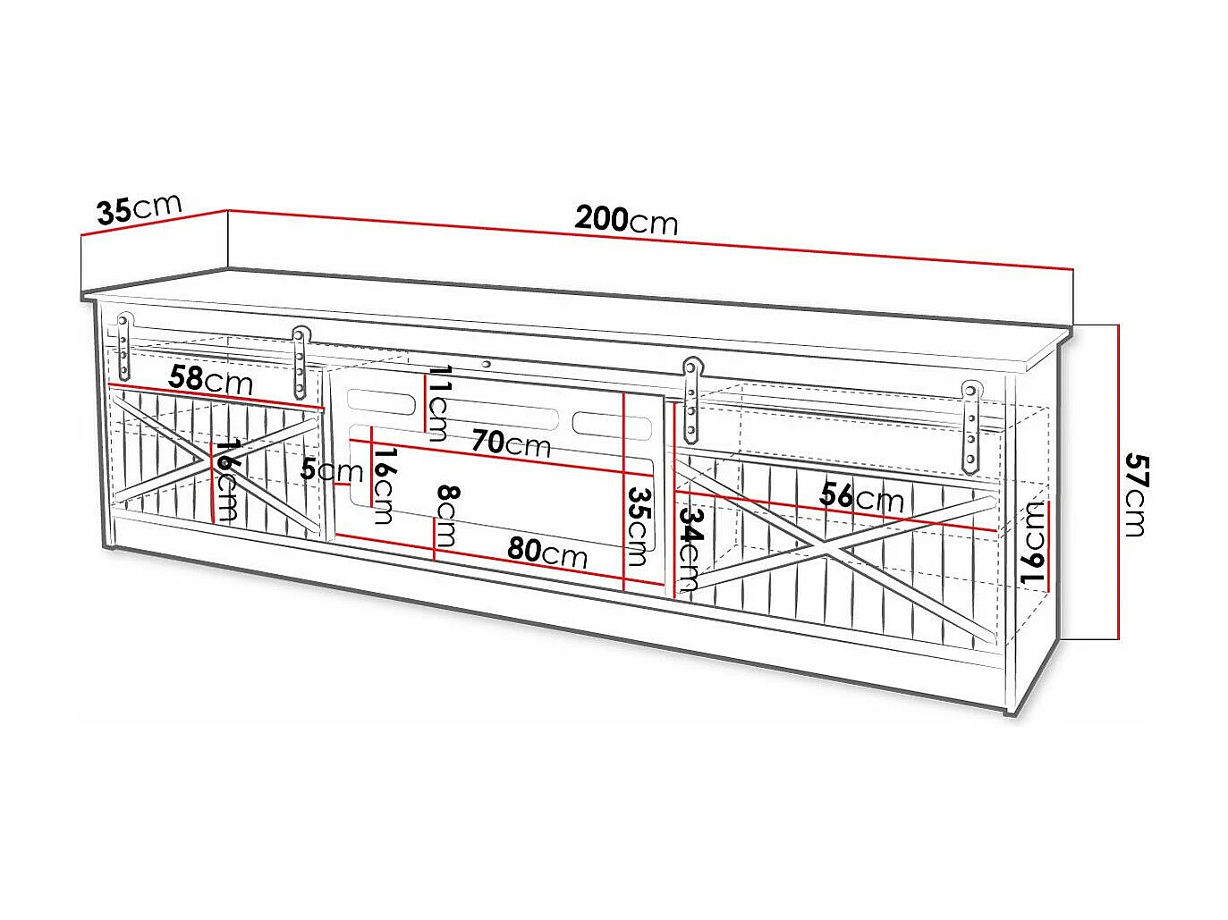 Mueble TV Charlotte 165, Negro|Arbol envejecido, Número de puertas: 2.00, 200x57x35cm