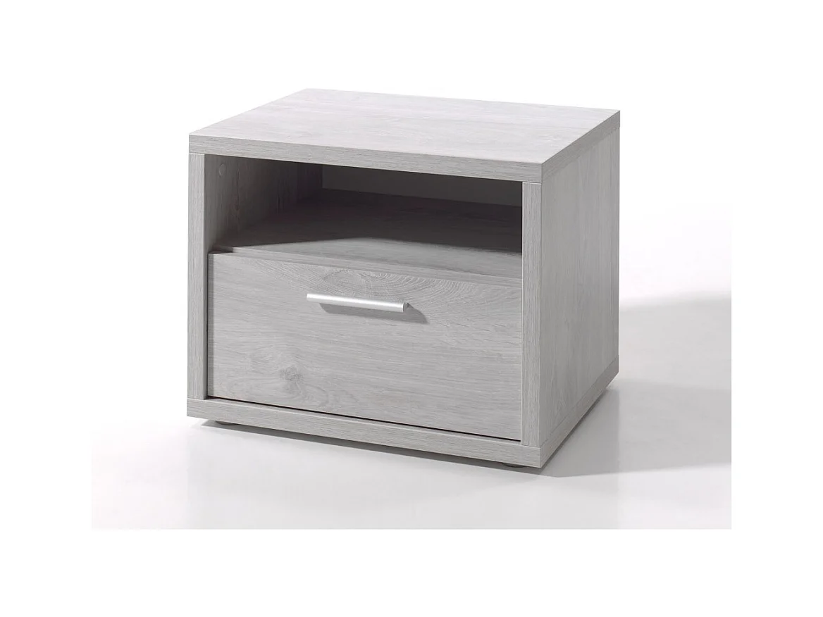 Nachtkastje voor baby- en kinderkamer met lade en nis, collectie MATHEO in grijs met houteffect.