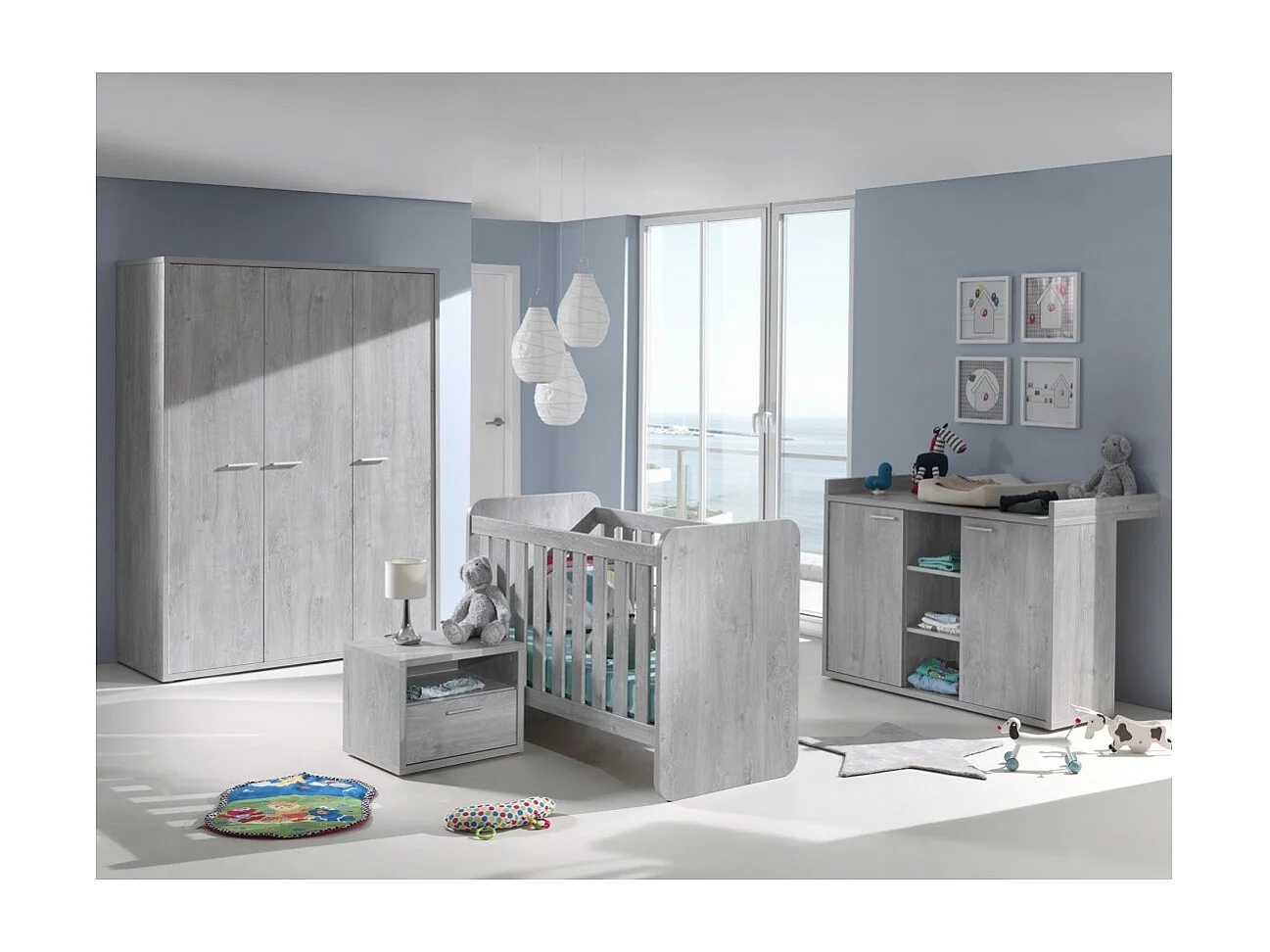 Robuste Babykommode mit integrierter Wickeltisch in Grau Holzoptik aus der Kollektion MATHEO