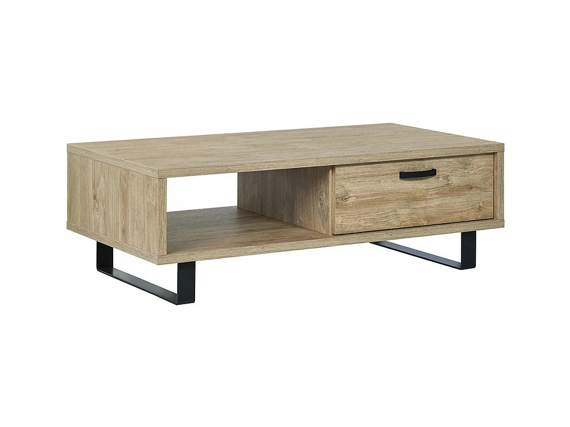 Robuuste salontafel uit de NEWTON collectie in gouden eiken kleur. Zwarte metalen poten.