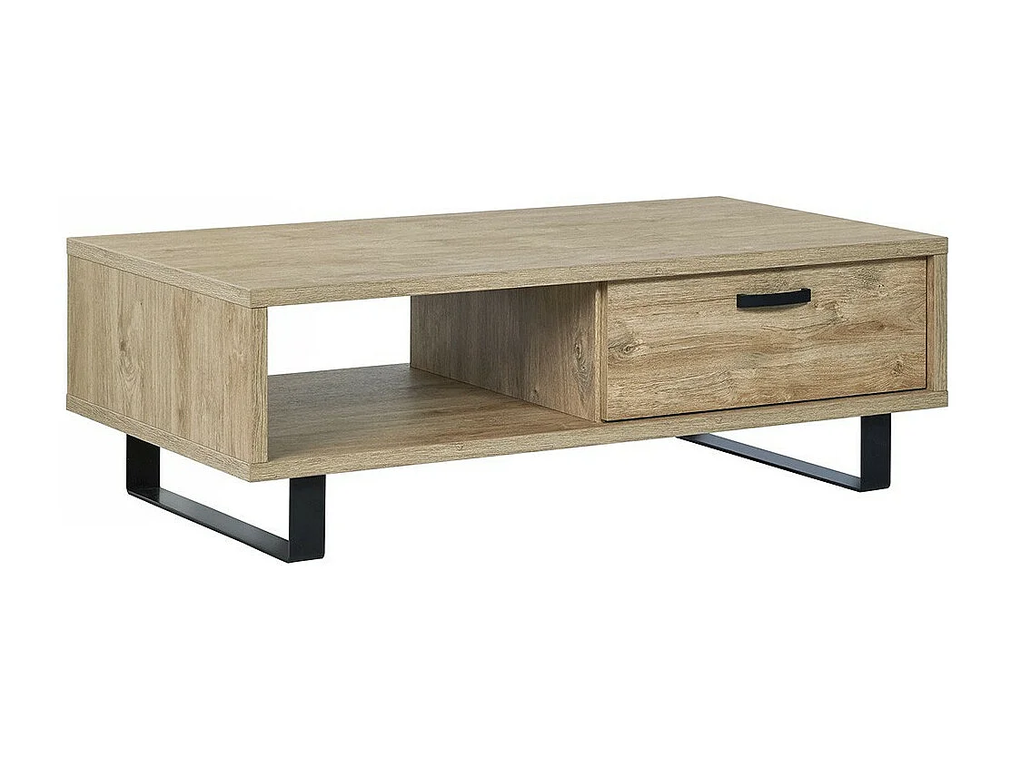 Robuuste salontafel uit de NEWTON collectie in gouden eiken kleur. Zwarte metalen poten.