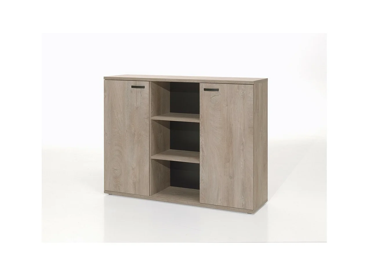 Buffet bas de rangement pour bureau 2 portes et étagères coloris chêne brut collection YUKON