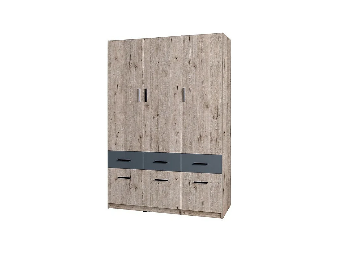Armoire 3 portes 6 tiroirs FLEX – Chêne wellington et gris graphite – Style contemporain
