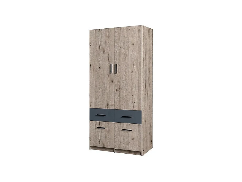 Armoire 2 portes 4 tiroirs FLEX – Chêne wellington et gris graphite – Design moderne avec penderie