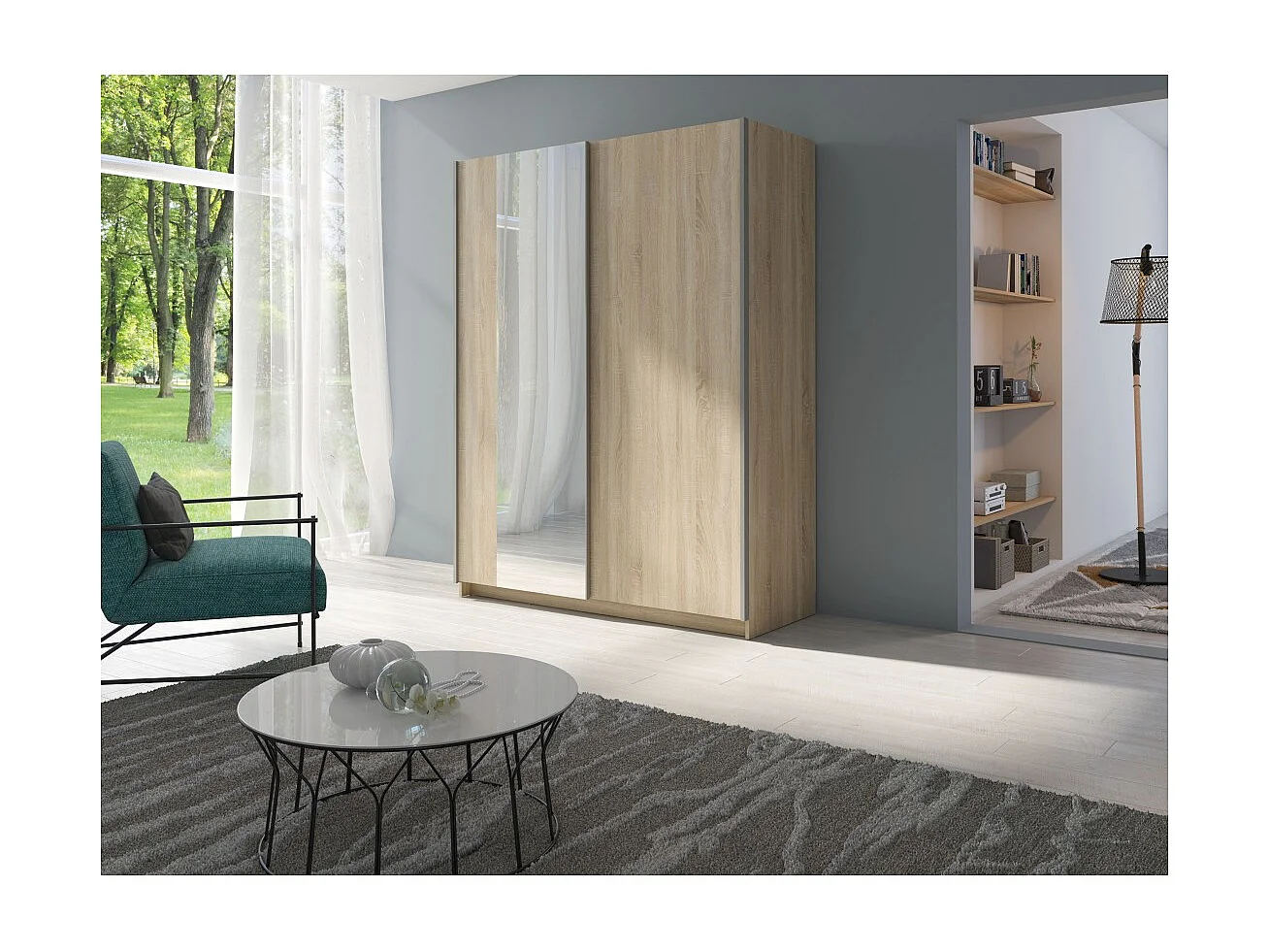 Kledingkast GOZU met 2 schuifdeuren en spiegel - Sonoma Eiken kleur - 180 x 198 x 62 cm