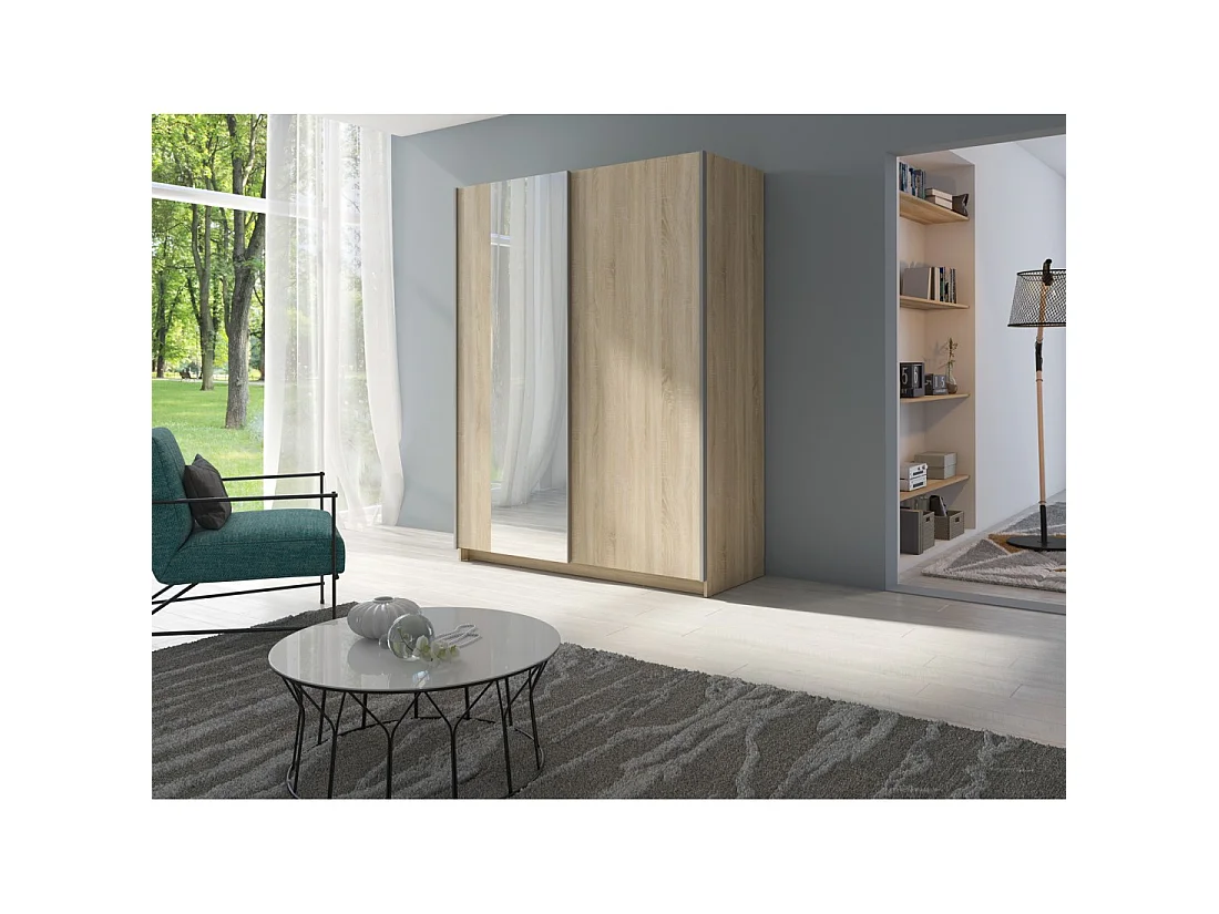 Kledingkast GOZU met 2 schuifdeuren en spiegel - Sonoma Eiken kleur - 180 x 198 x 62 cm