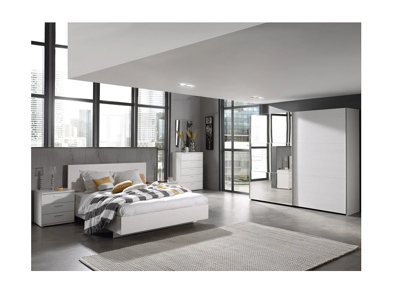 Armoire 200 cm pour chambre avec 2 portes coulissantes dont une avec miroir, collection OLVENA, blanc effet bois