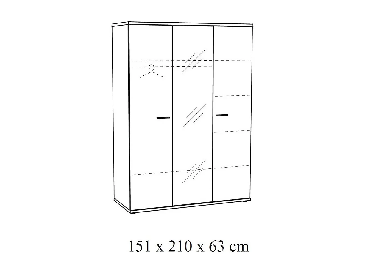 Armadio robusto con specchio. 3 porte a battente 150cm collezione OLVENA colore bianco effetto legno