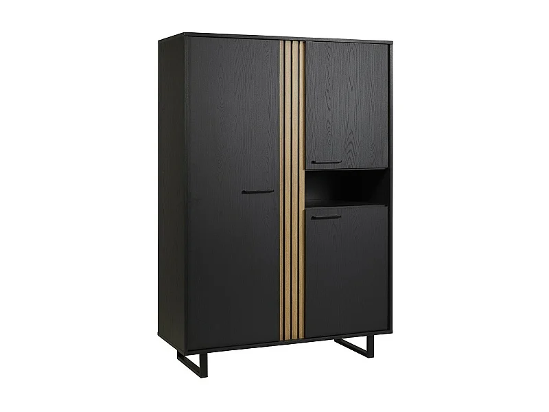 Meuble de rangement XL LOFT – 3 portes et 1 niche – Noir et chêne clair – Pieds en métal – L127 x H180 x P50 cm