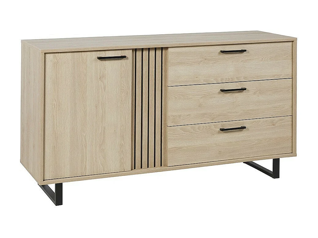 Buffet design de 165cm com 1 porta e 3 gavetas para sala na cor carvalho claro, coleção LOFT com pés de metal.