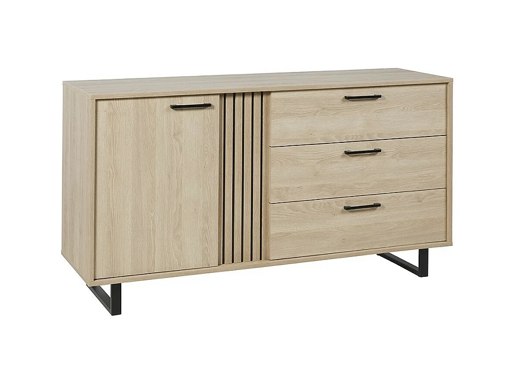 Buffet LOFT 165 cm – Chêne clair – 1 porte, 3 tiroirs – Pieds métal style scandinave