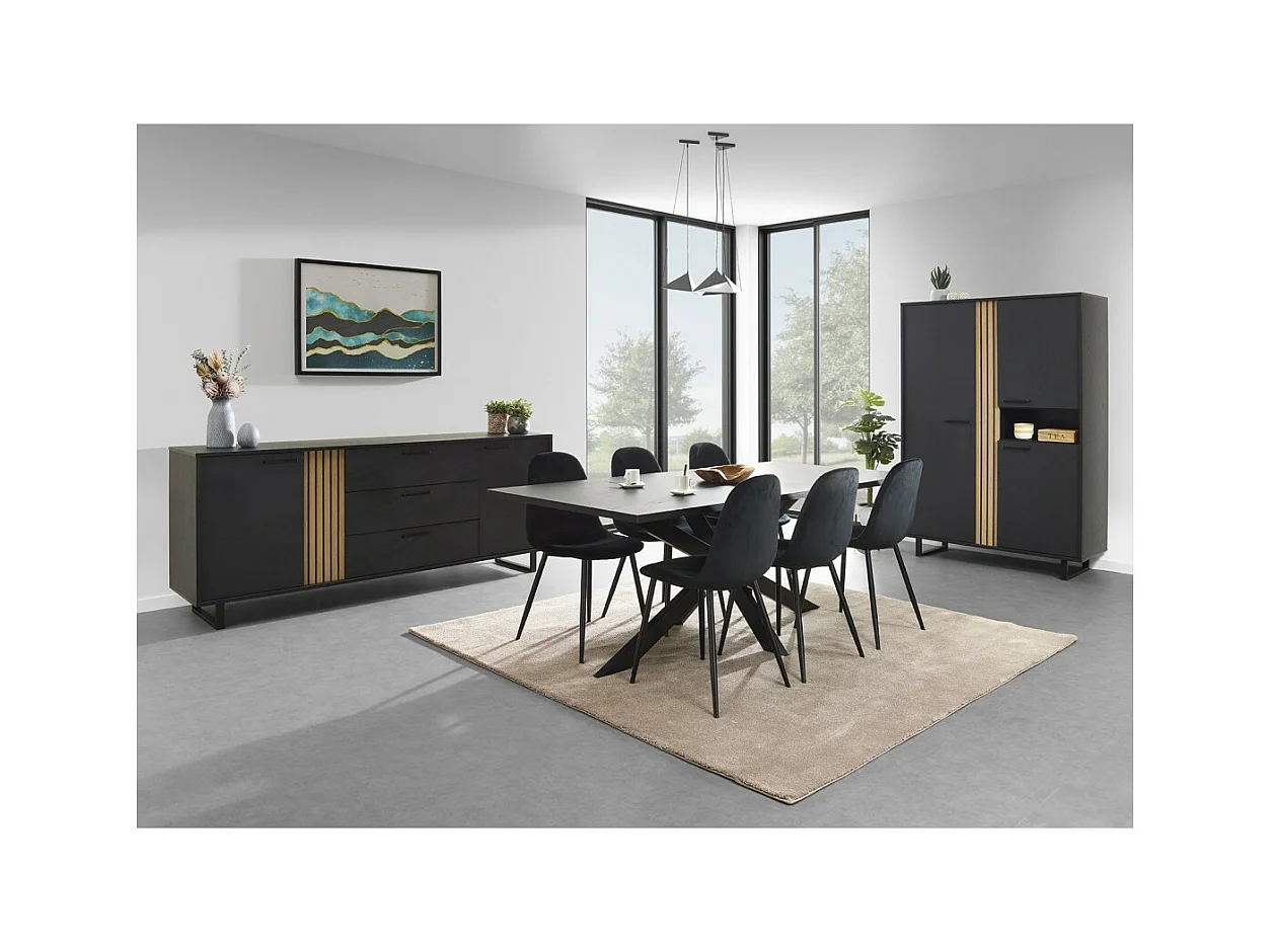 Buffet design de 220cm com 2 portas e 3 gavetas para sala de estar na cor preta e carvalho da coleção LOFT com pés de metal.