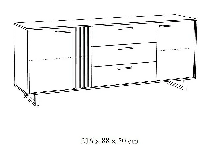 Buffet design de 220cm com 2 portas e 3 gavetas para sala de estar na cor preta e carvalho da coleção LOFT com pés de metal.