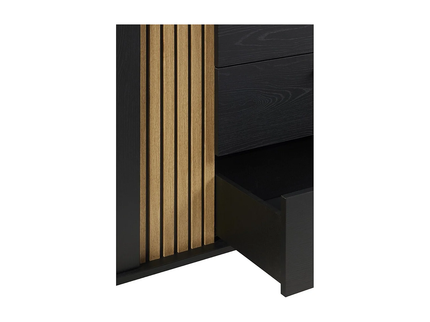 Buffet design de 220cm com 2 portas e 3 gavetas para sala de estar na cor preta e carvalho da coleção LOFT com pés de metal.