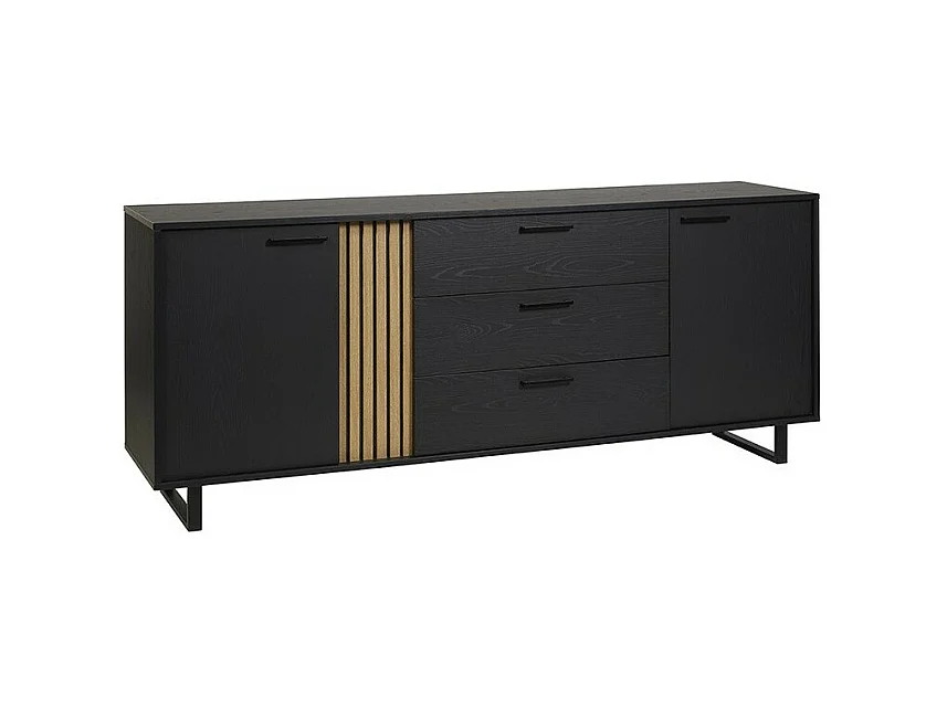 Buffet LOFT 220 cm – Chêne et noir  – 2 portes, 3 tiroirs – Pieds métal