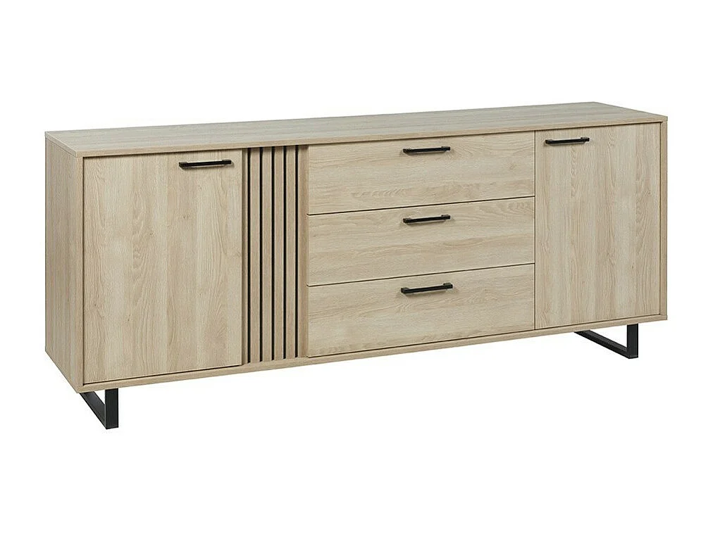 Buffet design 220cm com 2 portas e 3 gavetas para sala cor carvalho claro coleção LOFT pés em metal.