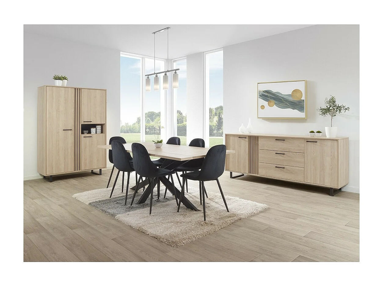 Buffet design 220cm com 2 portas e 3 gavetas para sala cor carvalho claro coleção LOFT pés em metal.