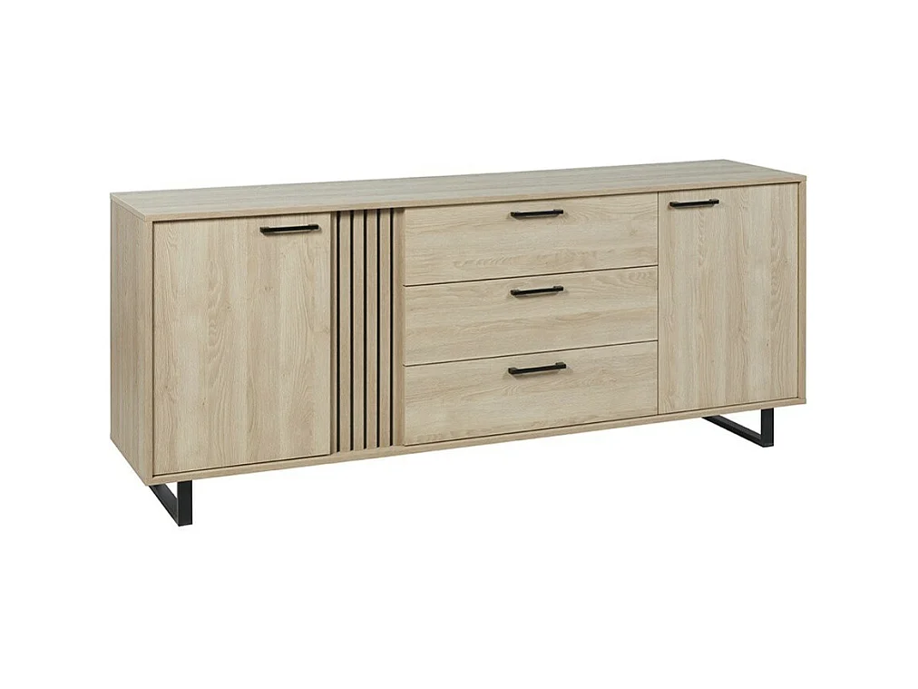 Design buffet 220cm met 2 deuren en 3 laden voor woonkamer in lichte eikenkleur uit de LOFT collectie met metalen poten.