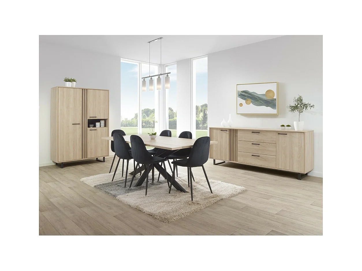 Buffet design 220cm con 2 porte e 3 cassetti per soggiorno colore rovere chiaro collezione LOFT piedi in metallo.