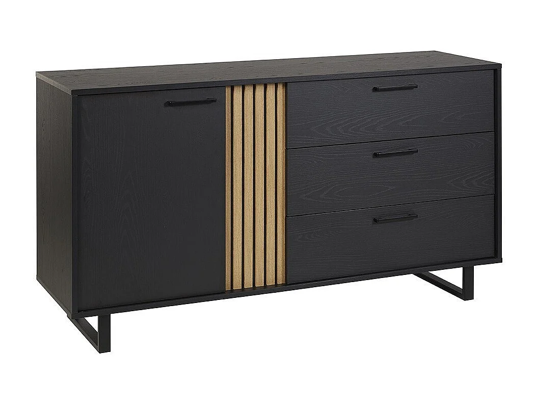 Buffet design 165 cm avec porte et 3 tiroirs pour salon, couleur noir et chêne, collection LOFT, pieds en métal