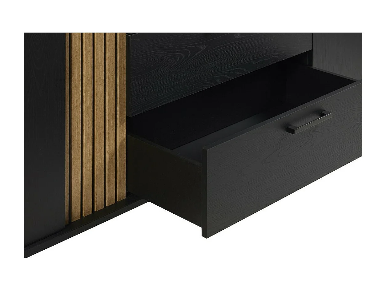 Buffet design 165 cm avec porte et 3 tiroirs pour salon, couleur noir et chêne, collection LOFT, pieds en métal