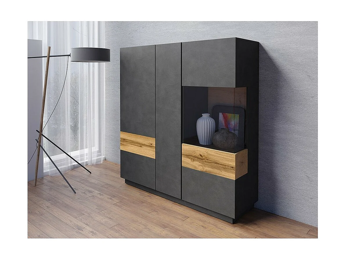 Buffet haut KILES trois portes. Coloris gris anthracite et chêne. Style design
