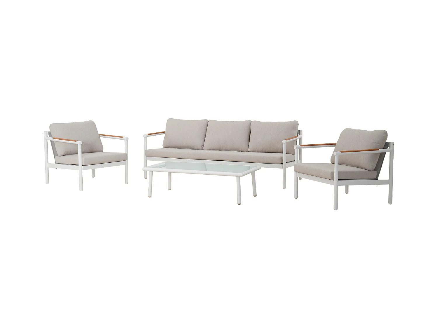 Salon de jardin en aluminium : un canapé 3 places, 2 fauteuils et une table basse - Blanc coussins beiges - LAKIT de MYLIA