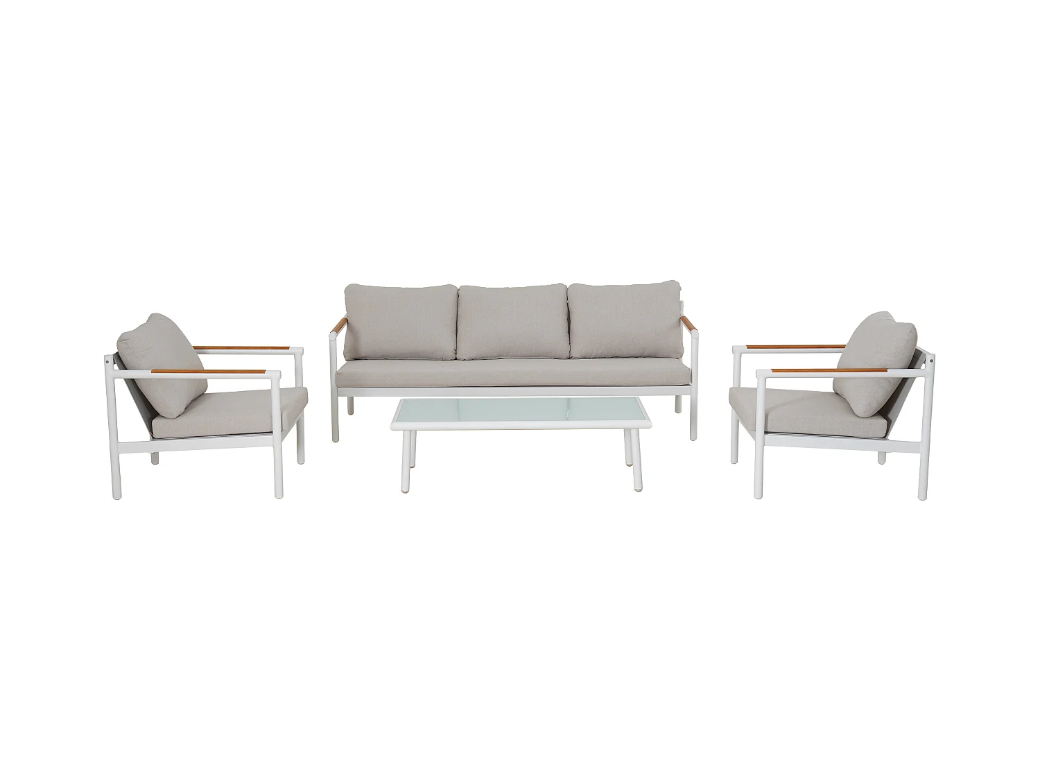 Salon de jardin en aluminium : un canapé 3 places, 2 fauteuils et une table basse - Blanc coussins beiges - LAKIT de MYLIA