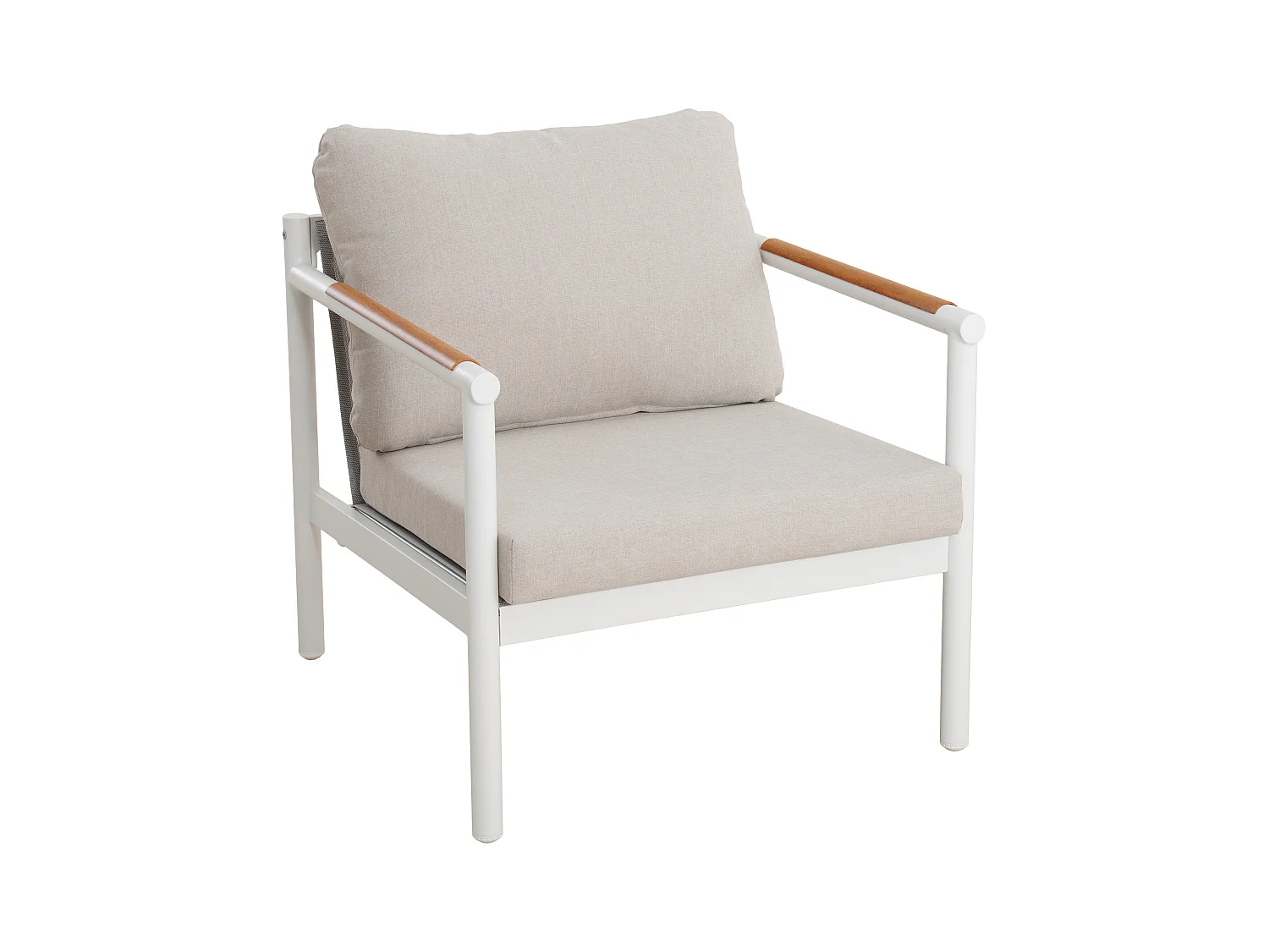 Salon de jardin en aluminium : un canapé 3 places, 2 fauteuils et une table basse - Blanc coussins beiges - LAKIT de MYLIA