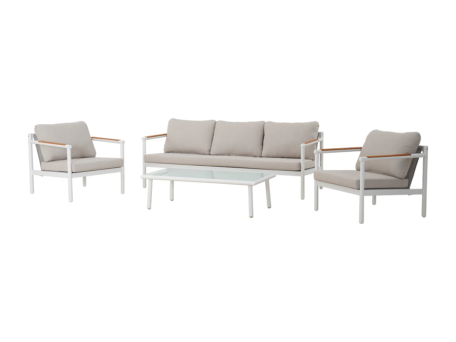 Salon de jardin en aluminium : un canapé 3 places, 2 fauteuils et une table basse - Blanc coussins beiges - LAKIT de MYLIA