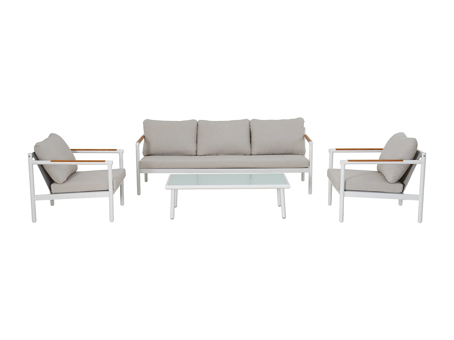 Salon de jardin en aluminium : un canapé 3 places, 2 fauteuils et une table basse - Blanc coussins beiges - LAKIT de MYLIA