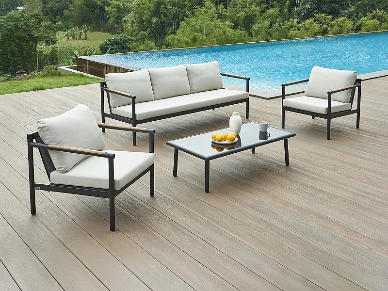 Salon de jardin en aluminium : un canapé 3 places, 2 fauteuils et une table basse - Noir coussins beiges - LAKIT de MYLIA