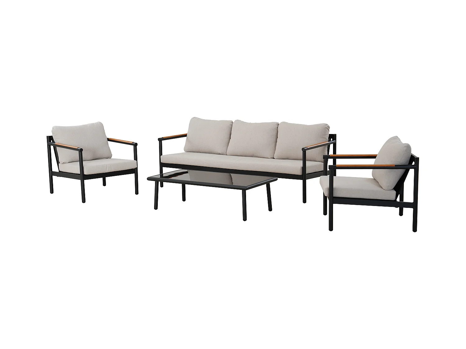 Salon de jardin en aluminium : un canapé 3 places, 2 fauteuils et une table basse - Noir coussins beiges - LAKIT de MYLIA