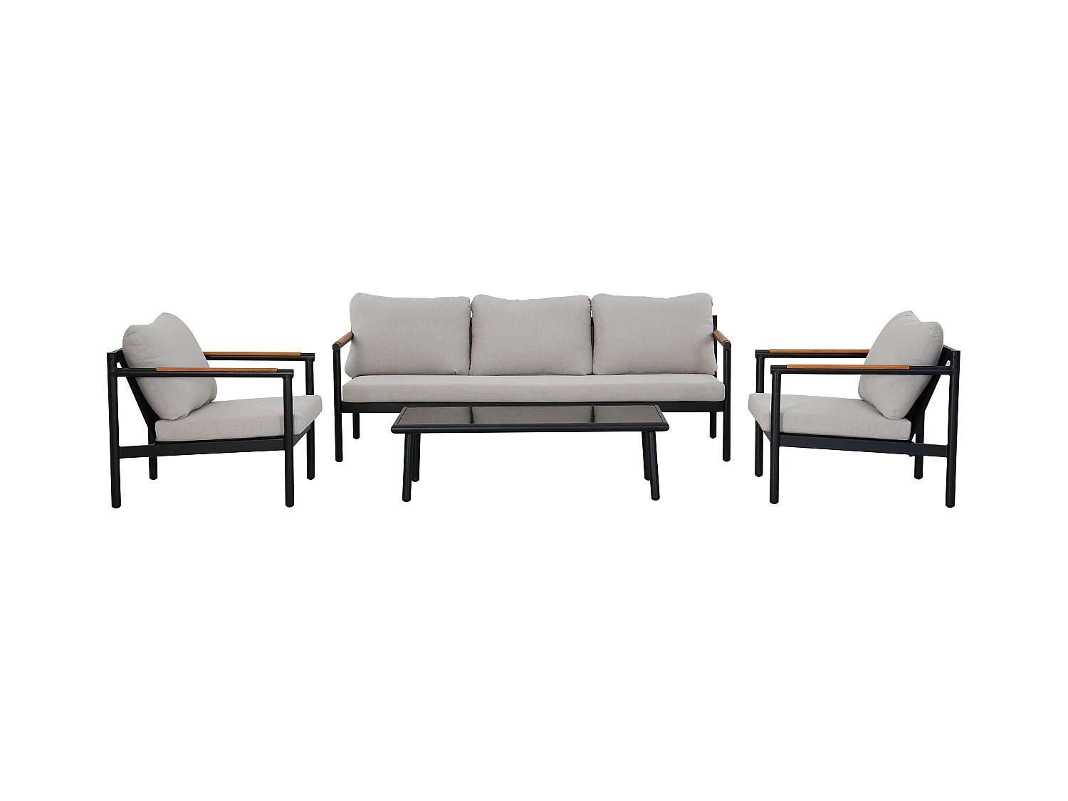 Salon de jardin en aluminium : un canapé 3 places, 2 fauteuils et une table basse - Noir coussins beiges - LAKIT de MYLIA