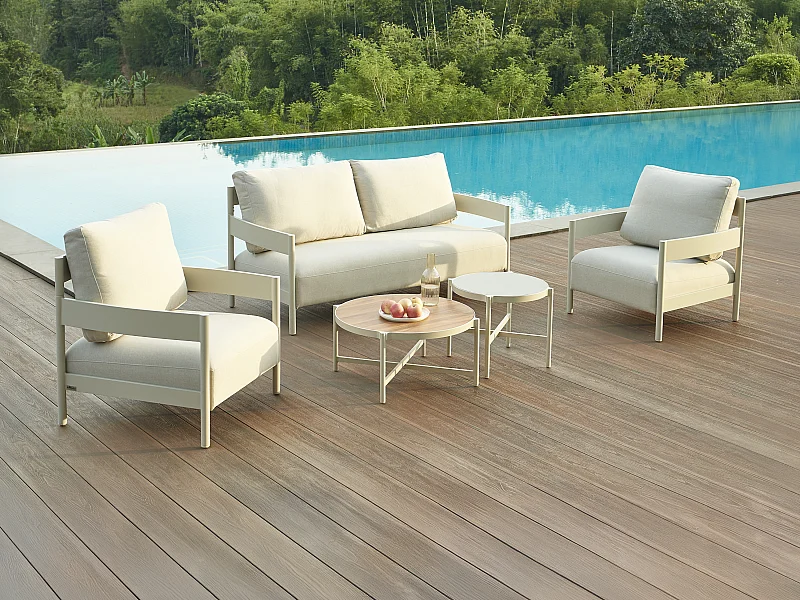 Salon de jardin en aluminium : un canapé 2 places, 2 fauteuils et 2 tables basses - Beige - LOMAM de MYLIA