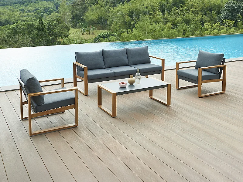 Salón de jardín de aluminio: un sofá de 3 plazas, 2 sillones y una mesa de centro - Natural cojines negros - JALLY de MYLIA