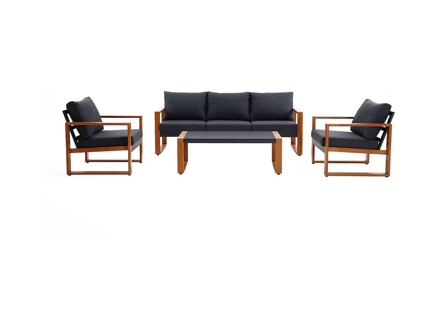 Conjunto de lazer de jardim em alumínio: um sofá de 3 lugares, 2 cadeirões e uma mesa de centro natural almofadas pretas - JALLY de MYLIA