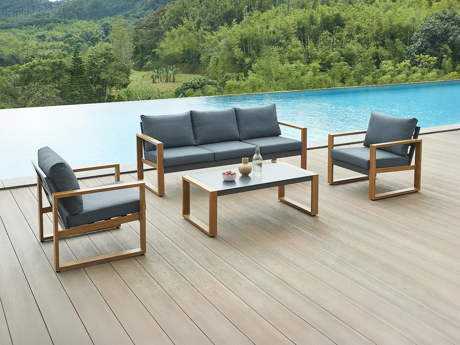 Salon de jardin en aluminium : un canapé 3 places, 2 fauteuils et une table basse - Naturel coussins gris anthracite - JALLY de MYLIA